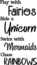 Vinyl Wall Art Decal - Play With Fairies Ride With Unicorns Swim With Mermaids - Cute Decor For Little Girls Toddlers Teens Bedroom Nursery Adhesive Decor - Home Daycare Sticker 1