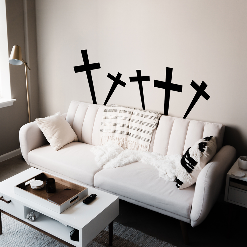 Set of 5 Vinyl Wall Art Decals - Cross Gravestones - from 20" x 15" Each - Spooky Halloween Seasonal Movie Props Indoor Outdoor Wall Door Window Living Room Office Decor (from 20" x 15" Each; Black) 3