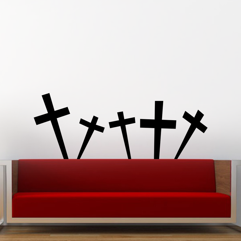 Set of 5 Vinyl Wall Art Decals - Cross Gravestones - from Each - Spooky Halloween Seasonal Movie Props Indoor Outdoor Wall Door Window Living Room Office Decor (from Each; Black) 2