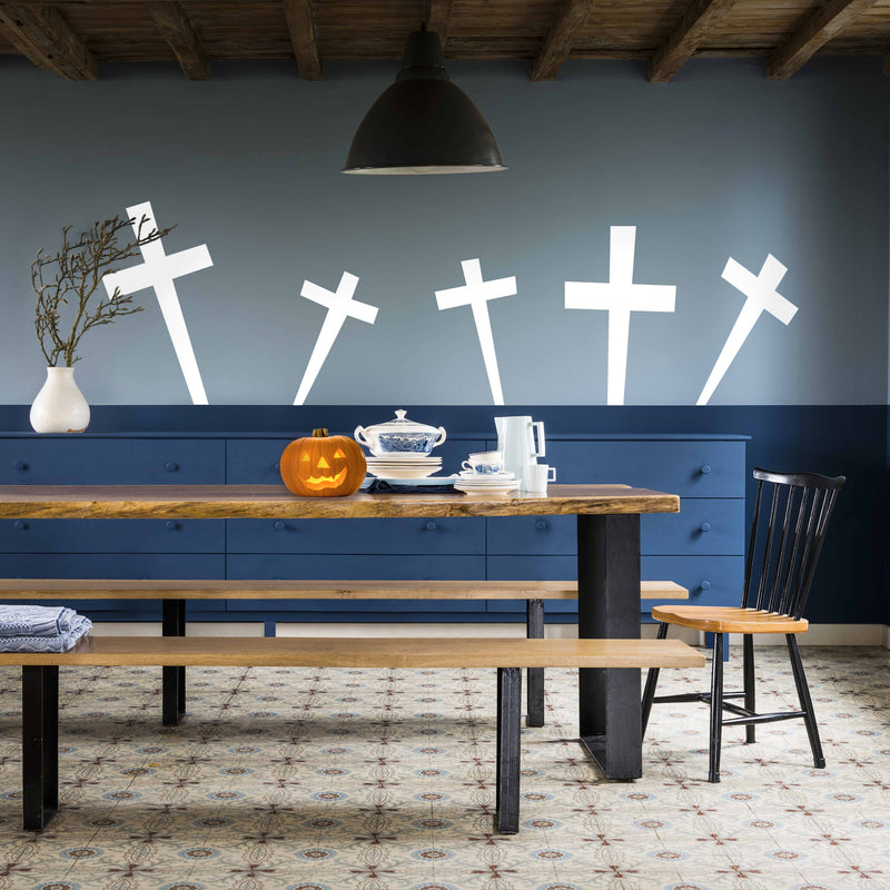 Set of 5 Vinyl Wall Art Decals - Cross Gravestones - from 20" x 15" Each - Spooky Halloween Seasonal Movie Props Indoor Outdoor Wall Door Window Living Room Office Decor (from 20" x 15" Each; White) 2