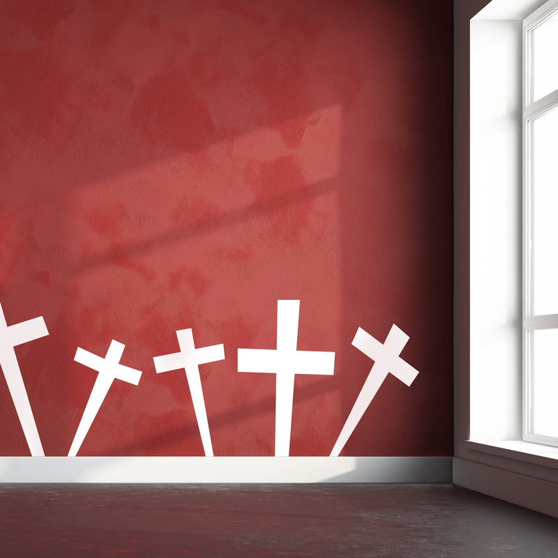 Set of 5 Vinyl Wall Art Decals - Cross Gravestones - from 20" x 15" Each - Spooky Halloween Seasonal Movie Props Indoor Outdoor Wall Door Window Living Room Office Decor (from 20" x 15" Each; White) 3