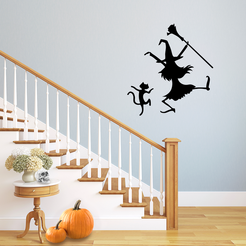 Vinyl Wall Art Decal - Dancing Witch And Cat - 24. Fun Halloween Theme Seasonal Decoration Sticker - Indoor Outdoor Wall Door Window Living Room Office Decor 2