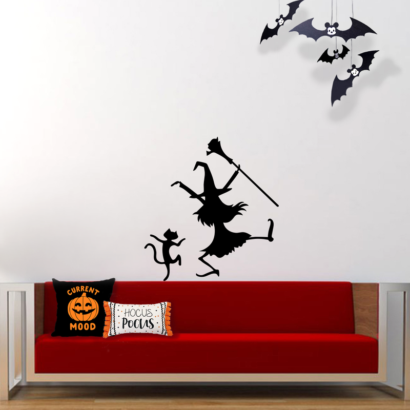 Vinyl Wall Art Decal - Dancing Witch And Cat - 24. Fun Halloween Theme Seasonal Decoration Sticker - Indoor Outdoor Wall Door Window Living Room Office Decor 3