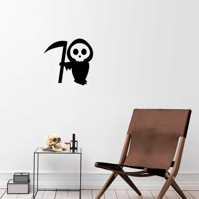 Vinyl Wall Art Decal - Cute Little Grim Reaper - 22" x 23" - Spooky Halloween Season Decoration Sticker - Trendy Indoor Outdoor Wall Door Window Living Room Office Decor (22" x 23"; Black) 2