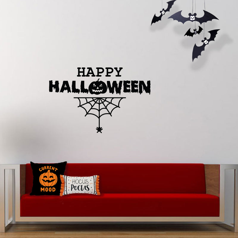 Vinyl Wall Art Decal - Happy Halloween with Spiderweb - 15" x 23" - Fun Halloween Season Decor Sticker - Kids Teens Adults Indoor Outdoor Wall Door Window Living Room Office Decor (15" x 23"; Black) 1