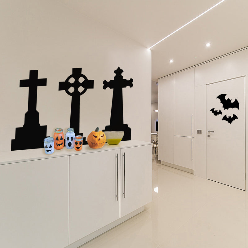 Set Of 3 Vinyl Wall Art Decal - Tombstones - Each - Spooky Halloween Season Decoration Sticker - Kids Teens Adults Indoor Outdoor Wall Door Living Room Bedroom Home Office Apartment Decor 3