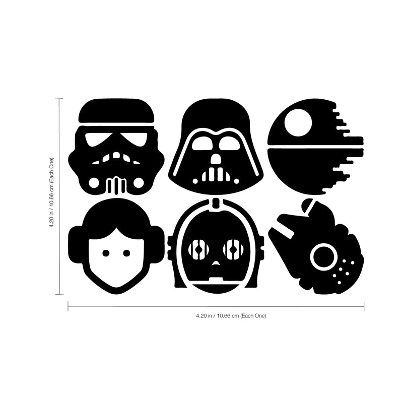 Set of 6 Vinyl Wall Art Decals - Star Wars Inspired Characters - 4.2" x 4.2" Each - Cool Sticker Shapes for Laptop Skin Car Bumper Luggage Window Computer Bedroom - Kids Teens Adults Decorations 4