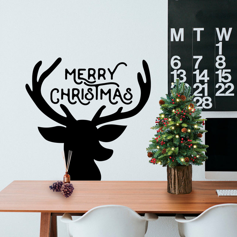 Vinyl Wall Art Decal - Merry Christmas Reindeer - 22" x 23" - Christmas Holiday Seasonal Decoration Sticker - Indoor Outdoor Window Home Living Room Bedroom Apartment Office Door (22" x 23"; Black) 1