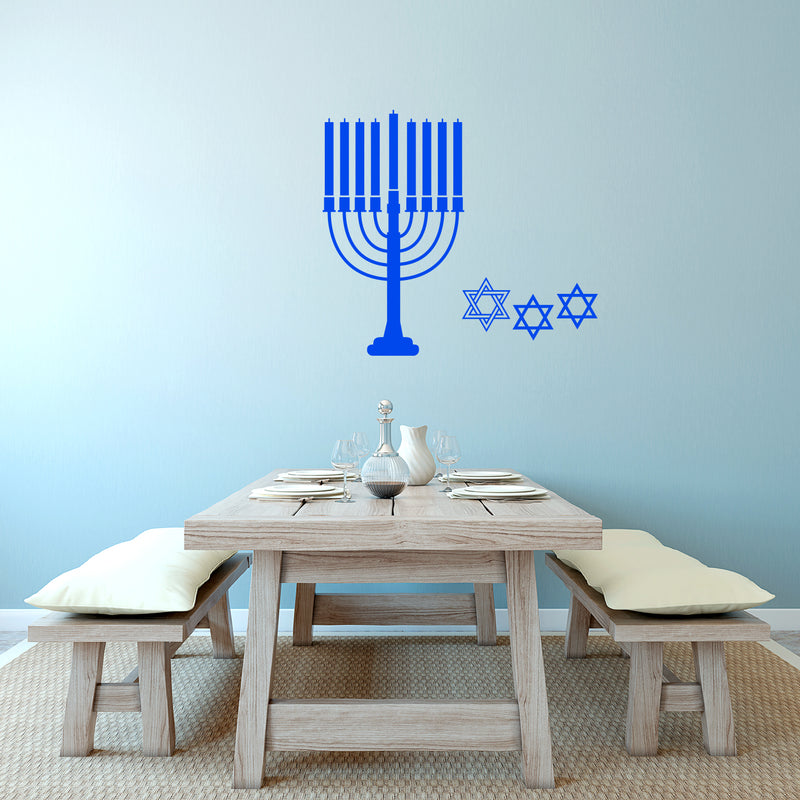 Vinyl Wall Art Decal - 9 Menorah Candles and 3 Star of Davids - 23" x 26" - Jewish Holiday Decor Sticker - Indoor Outdoor Home Office Wall Door Window Bedroom Workplace Decals 3