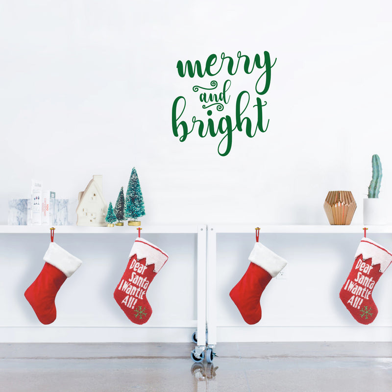 Vinyl Wall Art Decal - Merry and Bright - 21" x 21" - Christmas Seasonal Holiday Decor Sticker - Indoor Outdoor Home Office Wall Door Window Bedroom Workplace Decals (21" x 21"; Green) 2