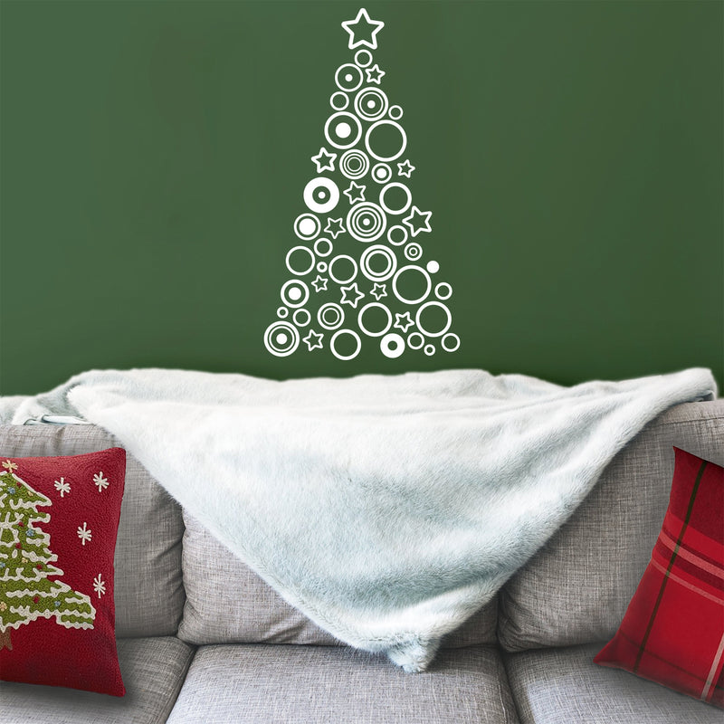 Vinyl Wall Art Decal - Circles and Stars Christmas Tree - 36" x 20" - Seasonal Holiday Decor Sticker - Indoor Outdoor Home Office Wall Door Window Bedroom Workplace Decals (36" x 20"; White) 3