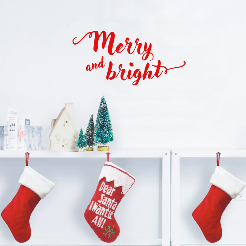 Vinyl Wall Art Decal - Merry and Bright - 11" x 22.5" - Christmas Seasonal Decoration Sticker - Indoor Outdoor Home Office Wall Door Window Bedroom Workplace Decor Decals (11" x 22.5"; Red) 3