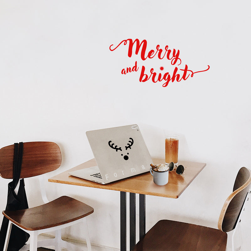 Vinyl Wall Art Decal - Merry and Bright - 11" x 22.5" - Christmas Seasonal Decoration Sticker - Indoor Outdoor Home Office Wall Door Window Bedroom Workplace Decor Decals (11" x 22.5"; Red) 2