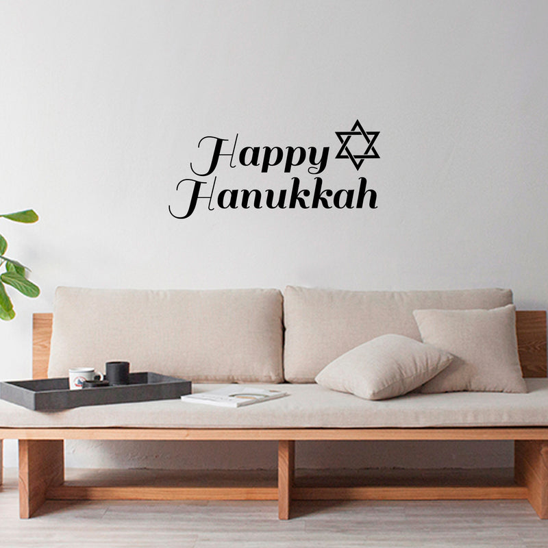 Vinyl Wall Art Decal - Happy Hanukkah with Star - 11" x 23" - Jewish Holiday Decor Sticker - Indoor Outdoor Home Office Wall Door Window Bedroom Workplace Decals (11" x 23"; Black) 3