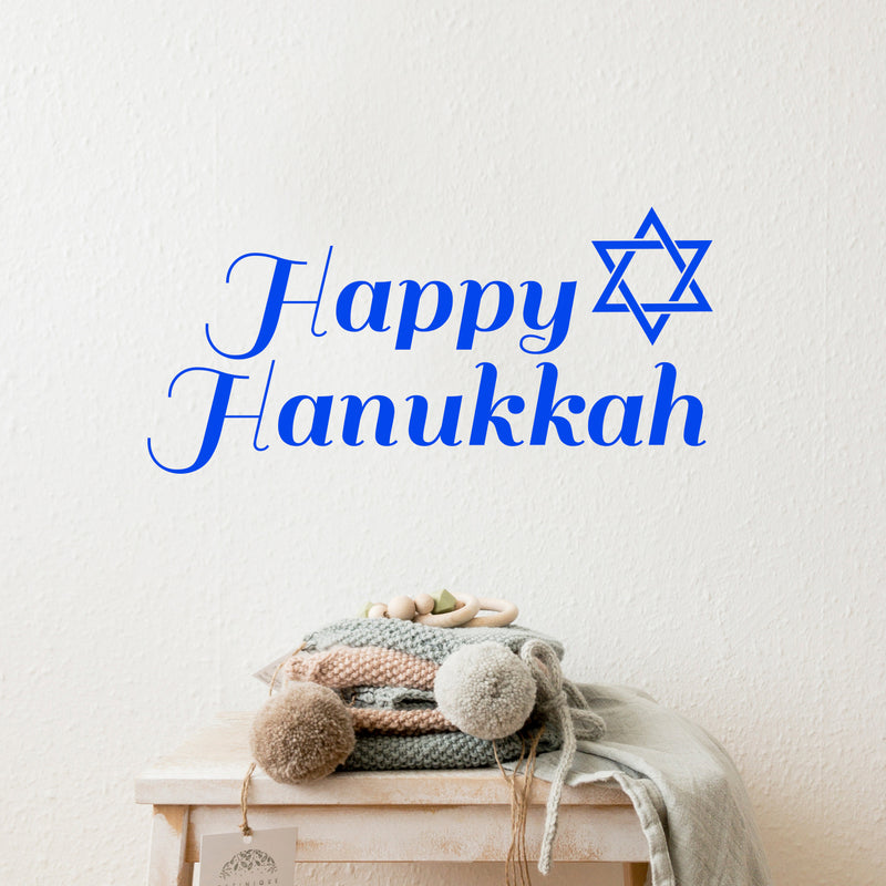 Vinyl Wall Art Decal - Happy Hanukkah with Star - 11" x 23" - Jewish Holiday Decor Sticker - Indoor Outdoor Home Office Wall Door Window Bedroom Workplace Decals (11" x 23"; Blue) 3