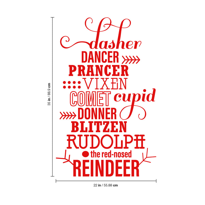 Vinyl Wall Art Decal - Santa’s Reindeer Names - 35" x 22" - Holiday Christmas Seasonal Sticker - Indoor Home Apartment Office Wall Door Window Bedroom Workplace Decor Decals (35" x 22"; Red) 1