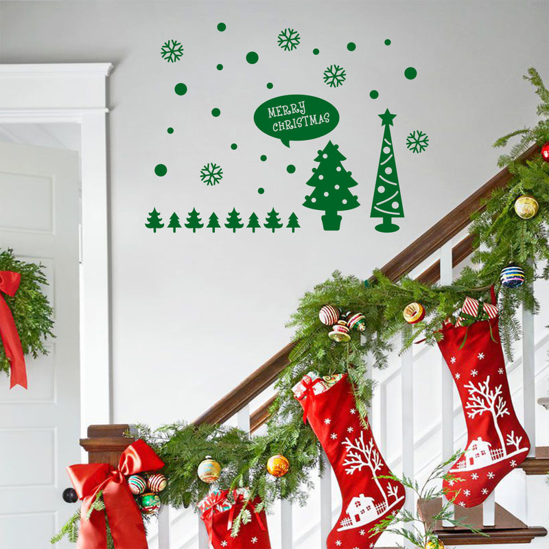 Vinyl Wall Art Decal - Merry Christmas Trees and Snowflakes - 23" x 31" - Holiday Seasonal Sticker - Indoor Home Apartment Office Wall Door Window Bedroom Workplace Decor Decals (23" x 31"; Green) 4