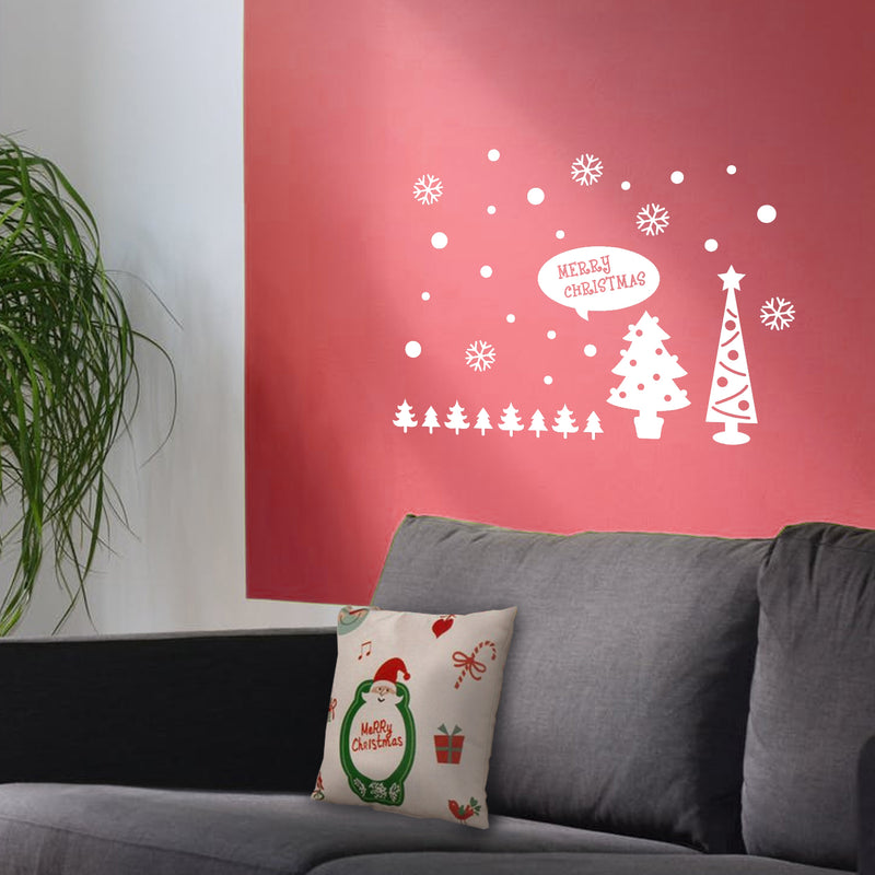 Vinyl Wall Art Decal - Merry Christmas Trees and Snowflakes - 23" x 31" - Holiday Seasonal Sticker - Indoor Home Apartment Office Wall Door Window Bedroom Workplace Decor Decals (23" x 31"; White) 4