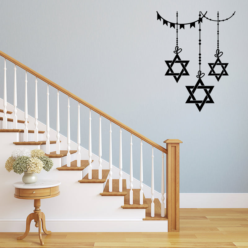 Vinyl Wall Art Decal - 3 Hanging Stars of David - 23" x 38" - Jewish Holiday Decor Sticker - Indoor Outdoor Home Office Wall Door Window Bedroom Living Room Workplace Decals (28" x 22"; Black) 3