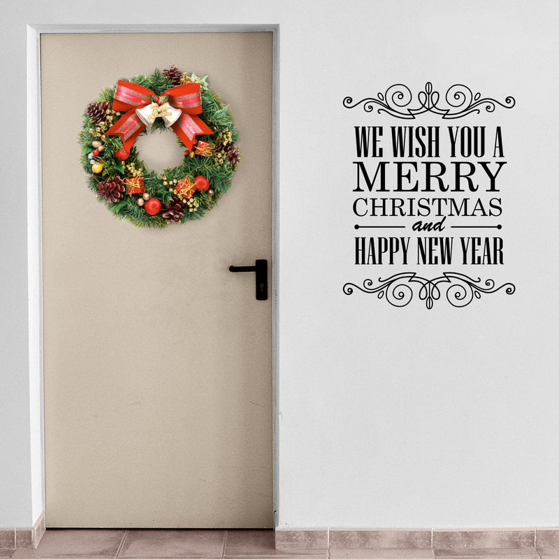 Vinyl Wall Art Decal - We Wish You A Merry Christmas and Happy New Year - 30" x 23" - Christmas Holiday Seasonal Sticker - Home Apartment Wall Door Window Work Decor Decals (30" x 23"; Black) 2