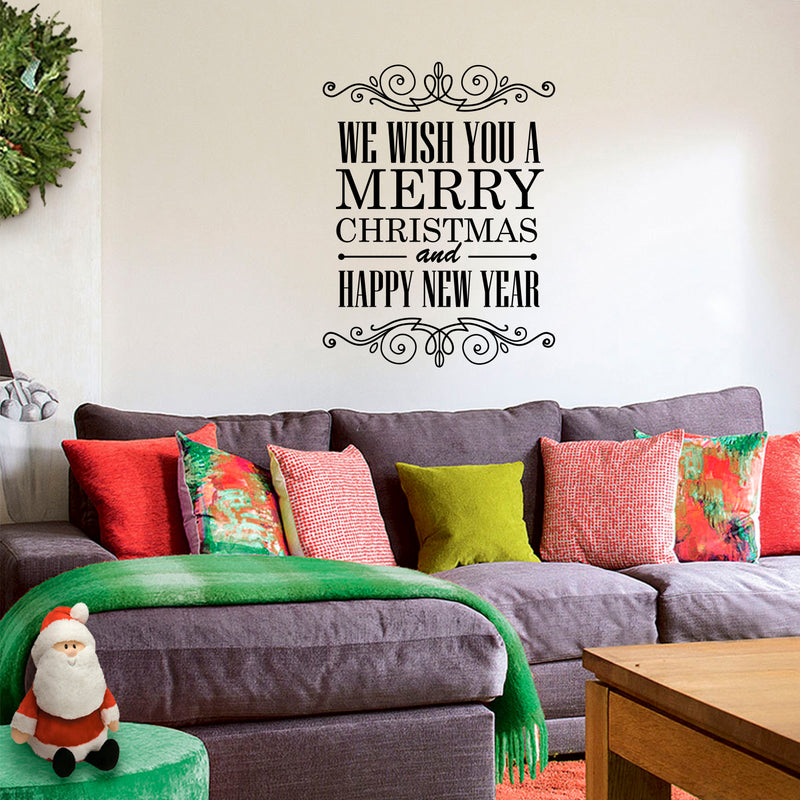 Vinyl Wall Art Decal - We Wish You A Merry Christmas and Happy New Year - 30" x 23" - Christmas Holiday Seasonal Sticker - Home Apartment Wall Door Window Work Decor Decals (30" x 23"; Black) 3