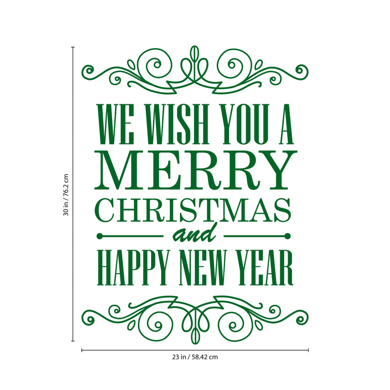 Vinyl Wall Art Decal - We Wish You A Merry Christmas and Happy New Year - 30" x 23" - Christmas Holiday Seasonal Sticker - Home Apartment Wall Door Window Work Decor Decals (30" x 23"; Green) 1