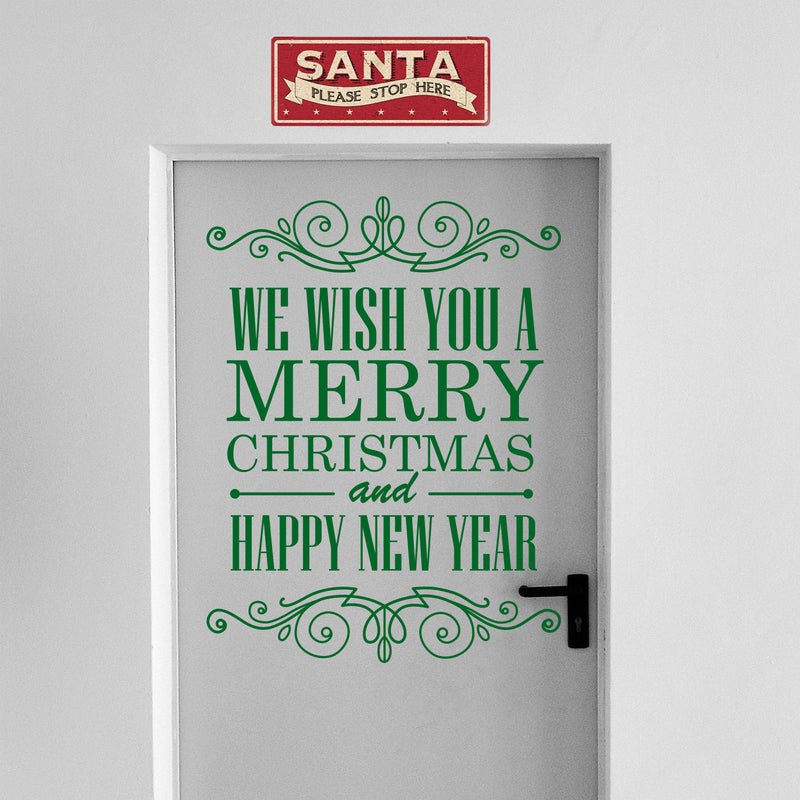 Vinyl Wall Art Decal - We Wish You A Merry Christmas and Happy New Year - 30" x 23" - Christmas Holiday Seasonal Sticker - Home Apartment Wall Door Window Work Decor Decals (30" x 23"; Green) 2