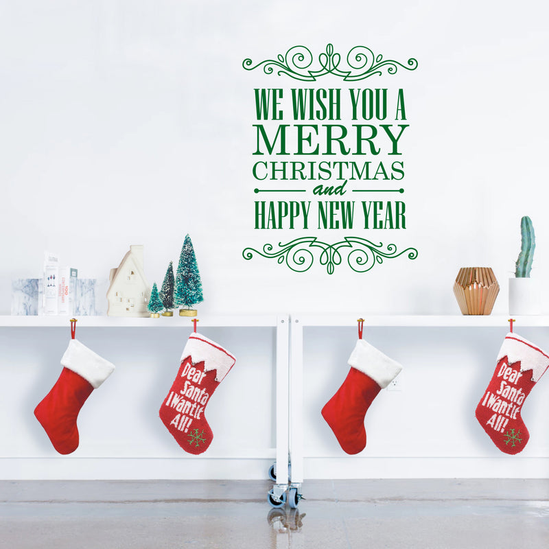 Vinyl Wall Art Decal - We Wish You A Merry Christmas and Happy New Year - 30" x 23" - Christmas Holiday Seasonal Sticker - Home Apartment Wall Door Window Work Decor Decals (30" x 23"; Green) 3