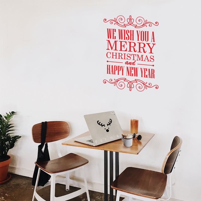 Vinyl Wall Art Decal - We Wish You A Merry Christmas and Happy New Year - 30" x 23" - Christmas Holiday Seasonal Sticker - Home Apartment Wall Door Window Work Decor Decals (30" x 23"; Red) 2