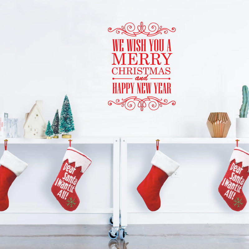 Vinyl Wall Art Decal - We Wish You A Merry Christmas and Happy New Year - 30" x 23" - Christmas Holiday Seasonal Sticker - Home Apartment Wall Door Window Work Decor Decals (30" x 23"; Red) 3