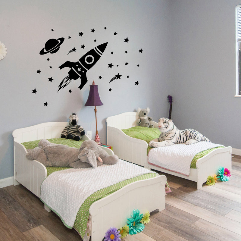 Vinyl Wall Art Decal - Outer Space Set - - Cool Rocket Ship Stars Planet Kids Children Decor For Home Bedroom Playroom Wall Door - Unisex Apartment Nursery School Daycare Decor 2