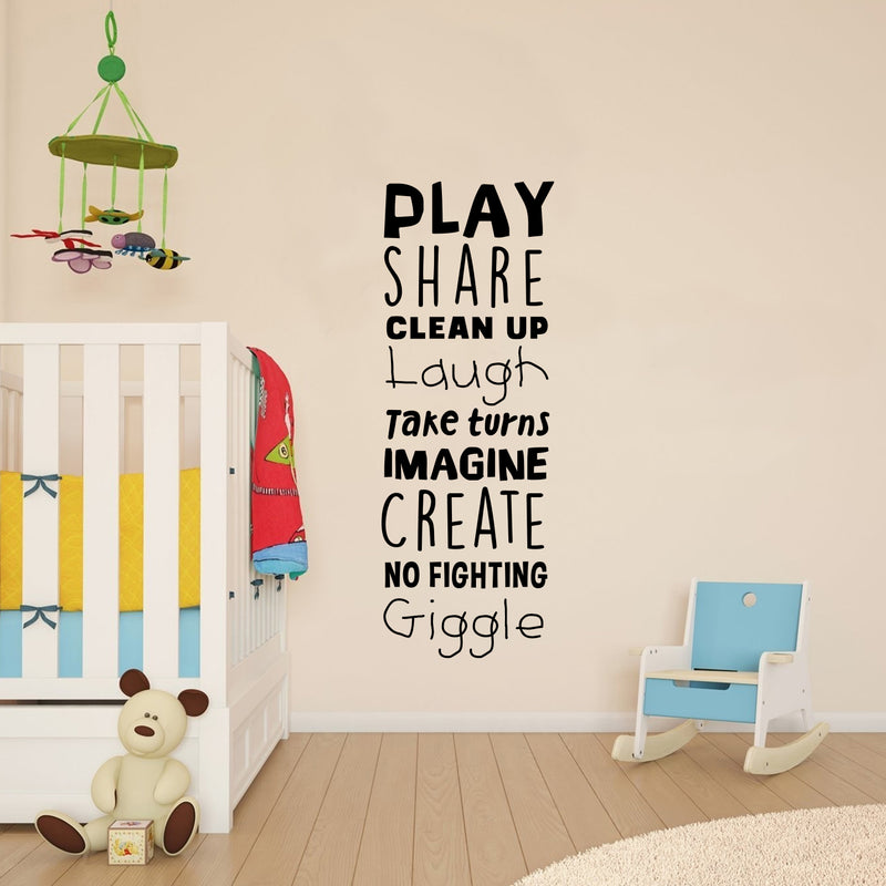 Vinyl Art Wall Decal - Play Share Clean Up Laugh Take Turns Imagine No Fighting Giggle - 53" x 19" - Cute Modern Decals for Kids Toddlers Home Bedroom Playroom Apartment Nursery Decor Stickers 2