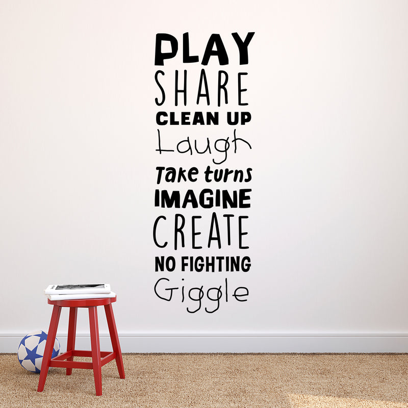 Vinyl Art Wall Decal - Play Share Clean Up Laugh Take Turns Imagine No Fighting Giggle - 53" x 19" - Cute Modern Decals for Kids Toddlers Home Bedroom Playroom Apartment Nursery Decor Stickers 3