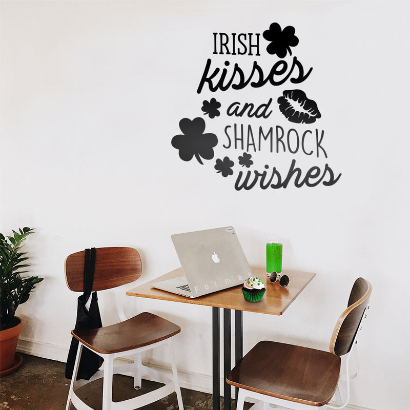 St Patrick’s Day Vinyl Wall Art Decal - Irish Kisses and Shamrock Wishes - 23" x 23" - St Patty’s Holiday Home Living Room Bedroom Sticker - Coffee Shop Bar Apartment Decor (23" x 23"; Black) 3