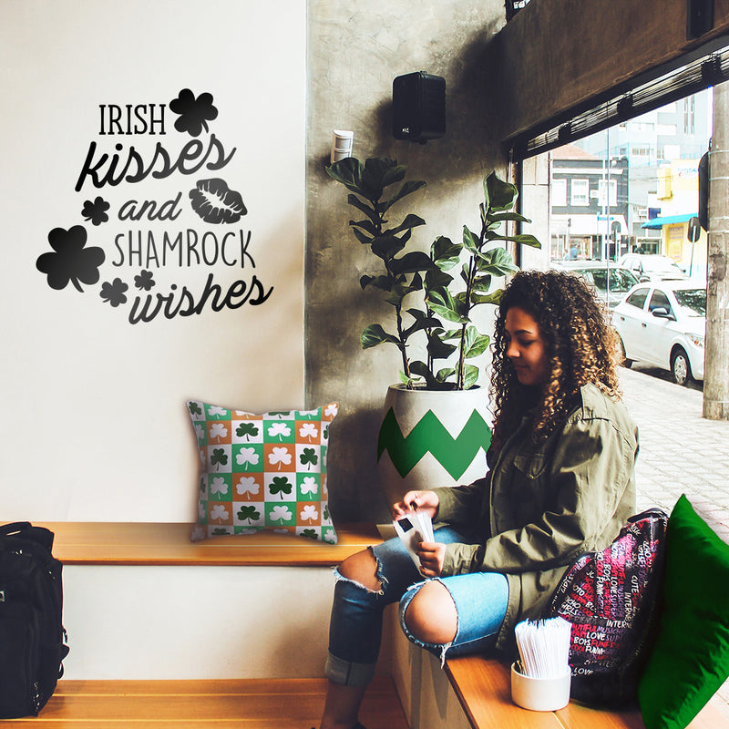 St Patrick’s Day Vinyl Wall Art Decal - Irish Kisses and Shamrock Wishes - St Patty’s Holiday Home Living Room Bedroom Sticker - Coffee Shop Bar Apartment Decor (23" x 23"; Black) 2
