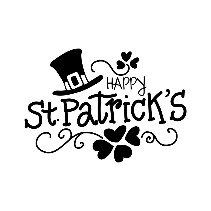 St Patrick’s Day Vinyl Wall Art Decal - Happy St Patrick’s Hat and Clovers - 16" x 23" - St Patty’s Holiday Home Living Room Bedroom Office Workplace Apartment Decor Sticker (16" x 23"; Black) 1