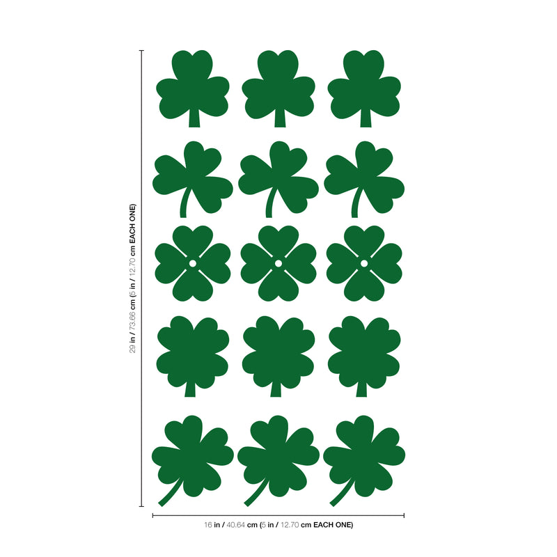 Set of 15 St Patrick's Day Vinyl Wall Art Decals - 3 And 4 Leaf Clovers - Each - St Patty's Holiday Modern Home Living Room Bedroom Apartment Indoor Office Work Decor 1