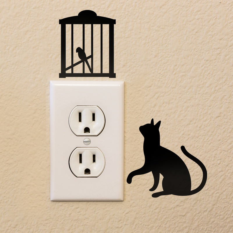 Vinyl Wall Art Decal - Cat and Bird - 7.02" x 5.39" - Cute Home Apartment Kids Bedroom Nursery Playroom Light Switch Decor - Laptop Computer Skin Car Bumper Sticker Designs (7.02" x 5.39"; Black) 2