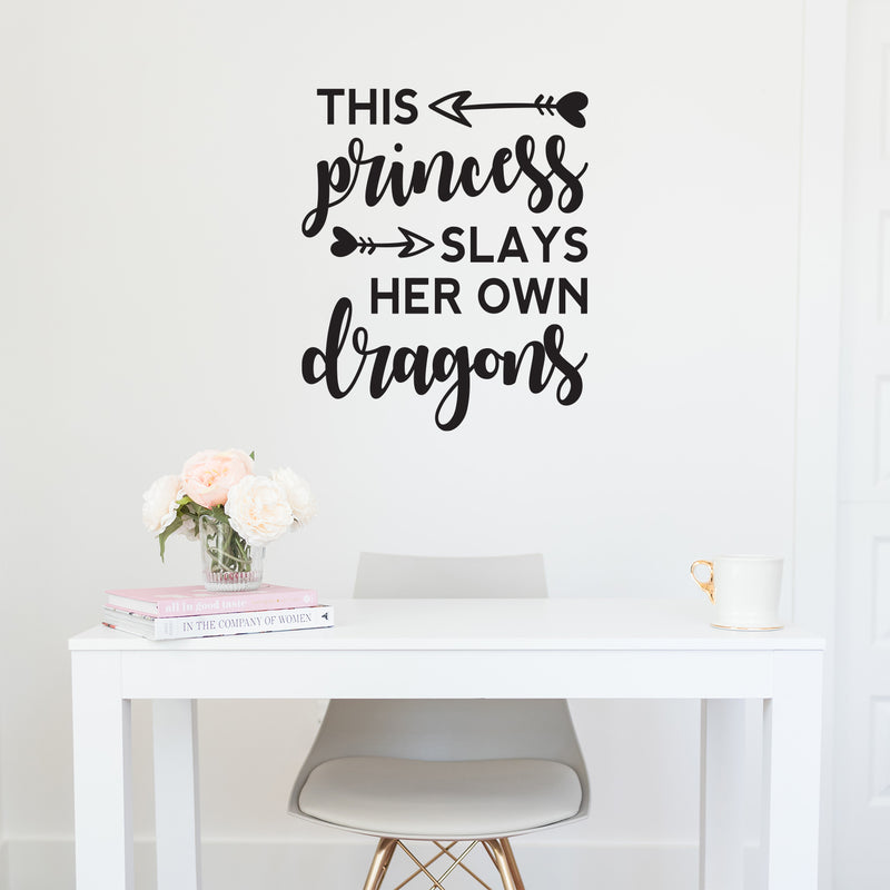 Vinyl Art Wall Decal - This Princess Slays Her Own Dragons - 26.29" x 22" - Little Girls Toddler Quotes Preschool Nursery Home Bedroom Playroom Apartment Indoor Outdoor Decor (26.29" x 22"; Black) 2