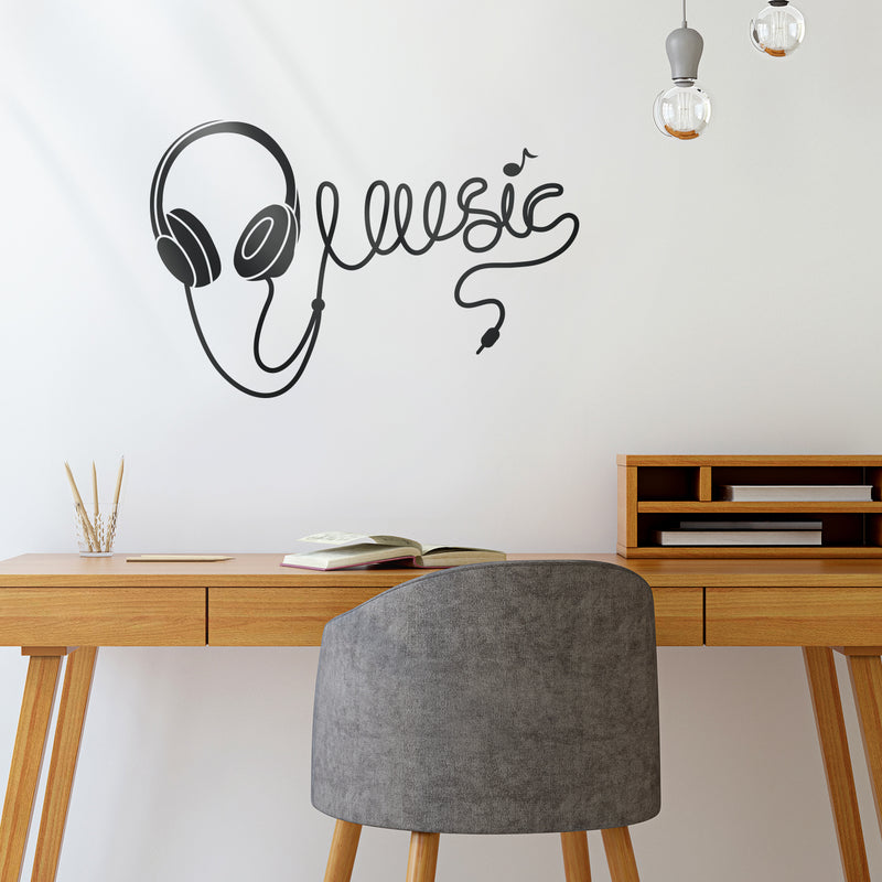 Vinyl Wall Art Decal - Headphones Spelling Music - 22" x 34" - Cool Modern Design for Home Living Room Bedroom Sticker - Trendy Music Lovers for Office Business Workplace Decor (22" x 34"; Black) 2