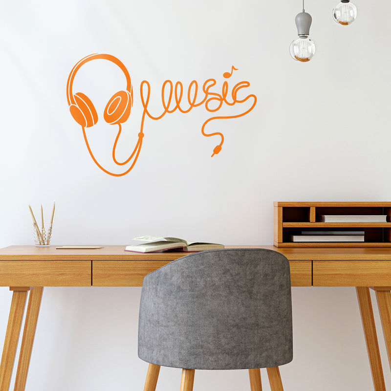 Vinyl Wall Art Decal - Headphones Spelling Music - 22" x 34" - Cool Modern Design for Home Living Room Bedroom Sticker - Trendy Music Lovers for Office Business Workplace Decor (22" x 34"; Orange) 2