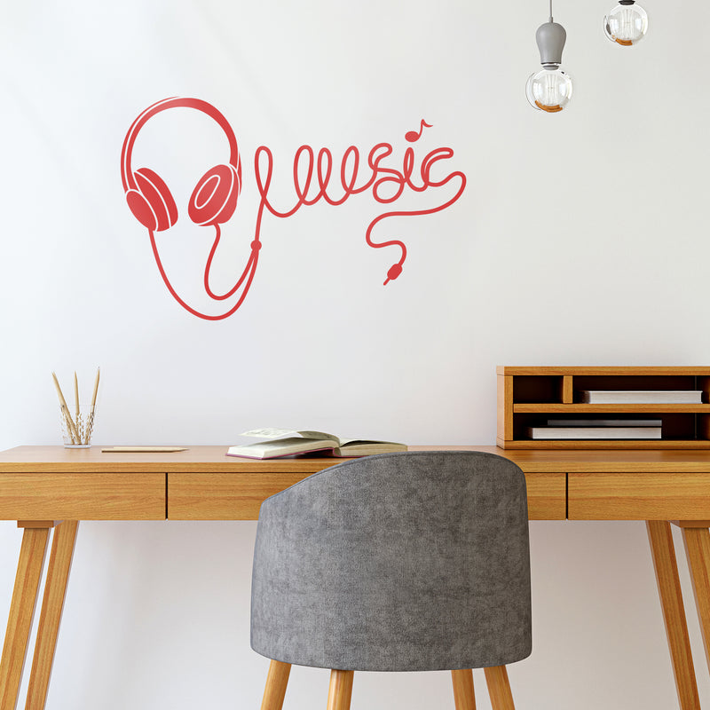 Vinyl Wall Art Decal - Headphones Spelling Music - 22" x 34" - Cool Modern Design for Home Living Room Bedroom Sticker - Trendy Music Lovers for Office Business Workplace Decor (22" x 34"; Red) 2