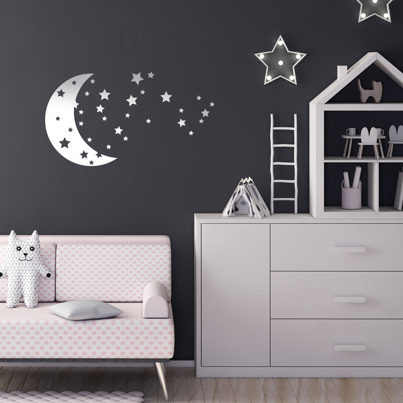 Vinyl Wall Art Decals - Moon and Stars - 17" x 30" - Sweet Cute Night Space Shapes for Kids Toddlers Teens Bedroom Playroom Nursery Living Room Home Apartment Decorations 2