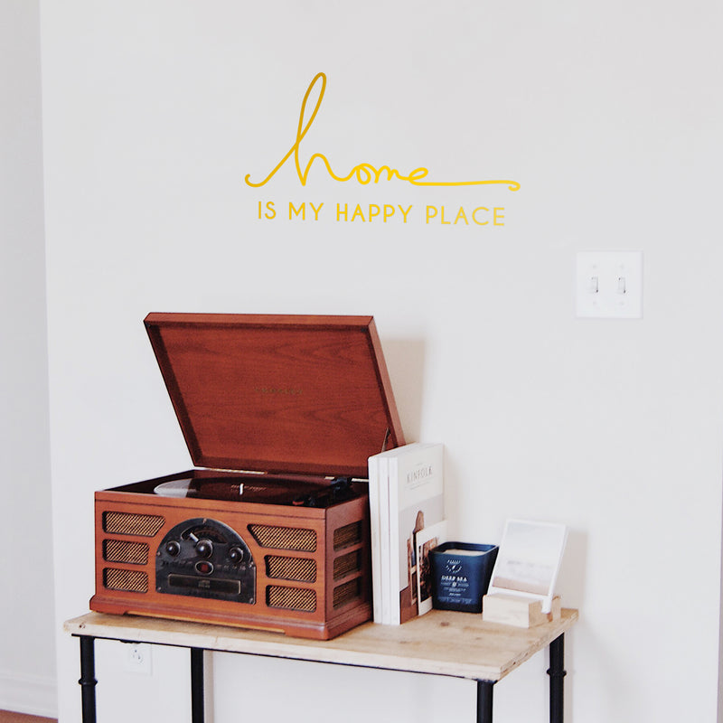 Vinyl Wall Art Decal - Home is My Happy Place - 12" x 22" - Modern Cursive Love Quote for Couples Home Apartment Bedroom Living Room Dining Room Household Indoor Outdoor Decor (12" x 22"; Yellow) 1