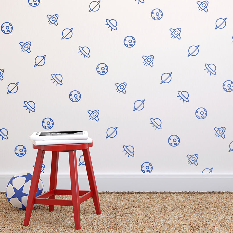 Set of 48 Vinyl Wall Art Decal - Outer Space Stickers - Each - Cool Rocket Ships UFO Planets Kids Children Home Bedroom Playroom Apartment Nursery School Daycare Decor (Each; Blue) 2