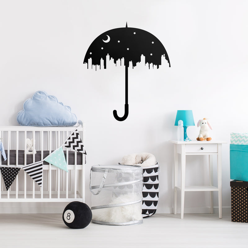 Vinyl Wall Art Decal - City Skyline Umbrella - 25" x 22" - Unique Modern Night Sky Stars Indoor Outdoor Home Apartment Living Room Bedroom Nursery Playroom Dorm Room Decor 3