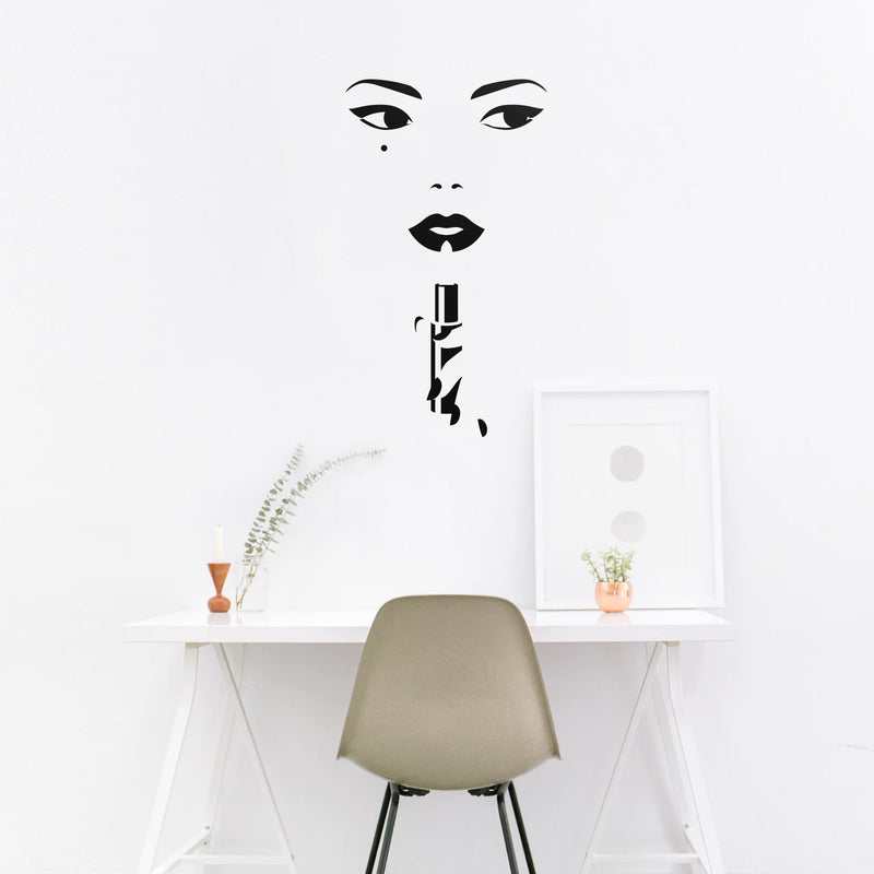Vinyl Wall Art Decal - Woman's Face And Lipstick Silhouette - Chic Modern Feminine Body Shape Home Work Bedroom Living Room Apartment Office Store Indoor Women's Teens Decoration 2