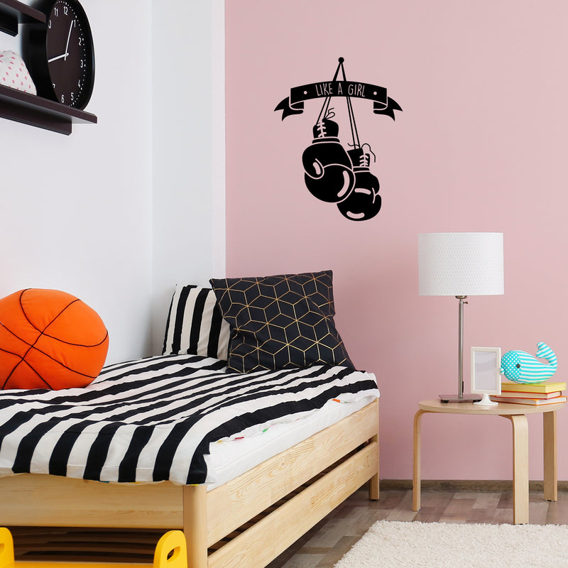 Vinyl Wall Art Decal - Like A Girl Boxing Gloves - 27" x 21" - Women's Female Motiv Indoor Outdoor Home Apartment Living Room Bedroom Office Dorm Room Work Decorational Trendy 2