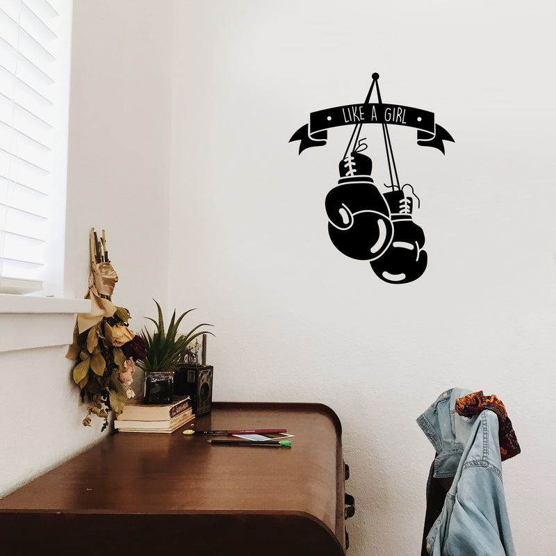 Vinyl Wall Art Decal - Like A Girl Boxing Gloves - 27" x 21" - Women's Female Motiv Indoor Outdoor Home Apartment Living Room Bedroom Office Dorm Room Work Decorational Trendy 3
