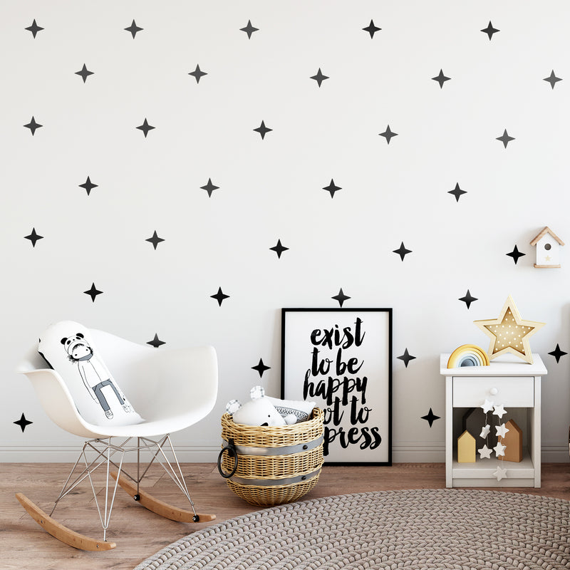 Set of 36 Vinyl Wall Art Decals - 4 Point Stars - Each - Cool Fun Sticker Shapes For Kids Toddlers Teens Bedroom Playroom Nursery Living Room Home Apartment Decorations 5